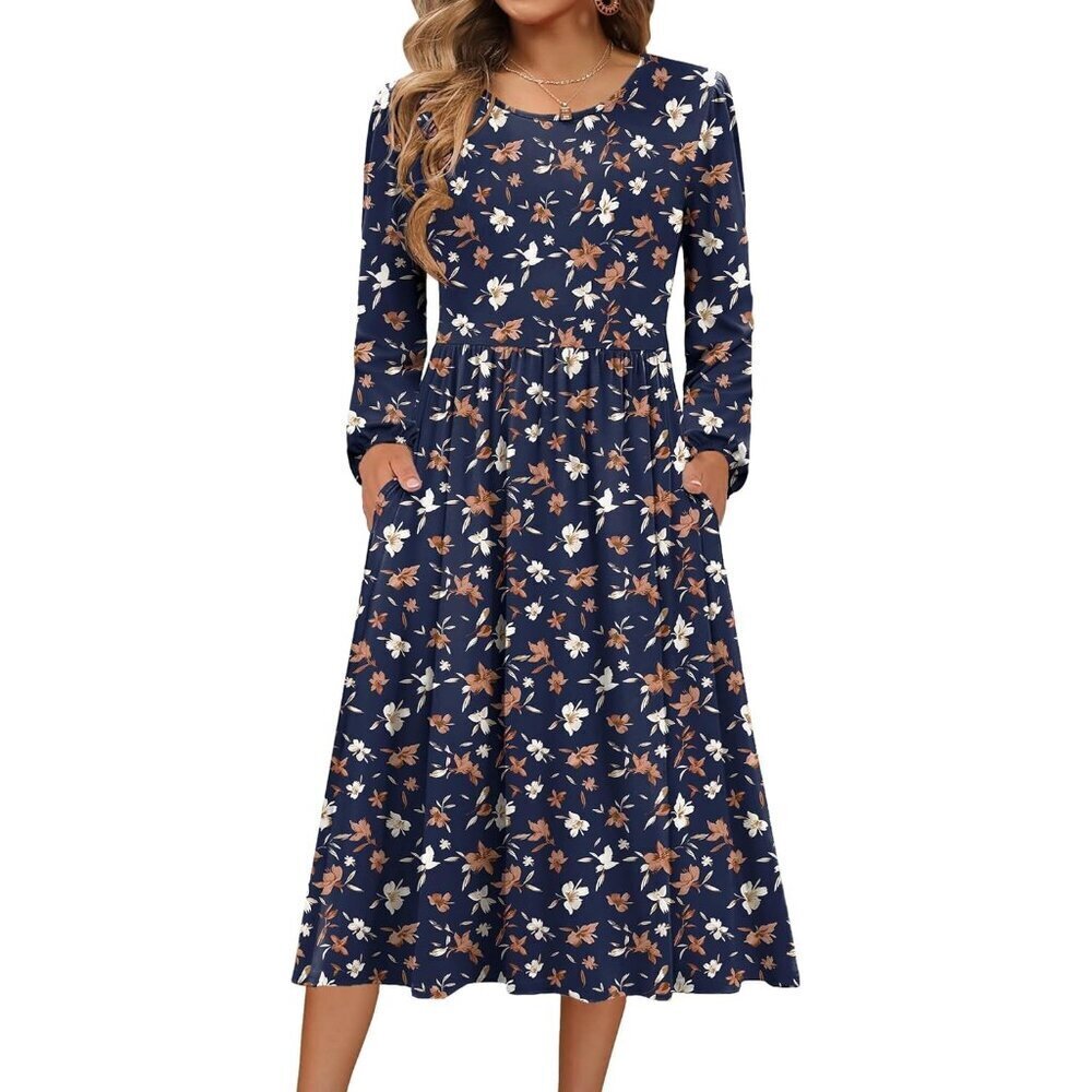 Zeagoo Women Navy Floral Long Sleeve Flowy A-Line Boho Long Dress with Pockets